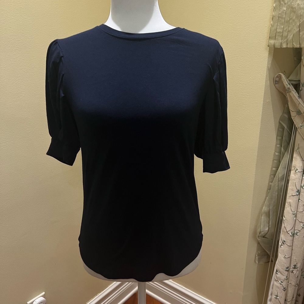Frame Denim Blue Crew Neck Puff Sleeve Blouse